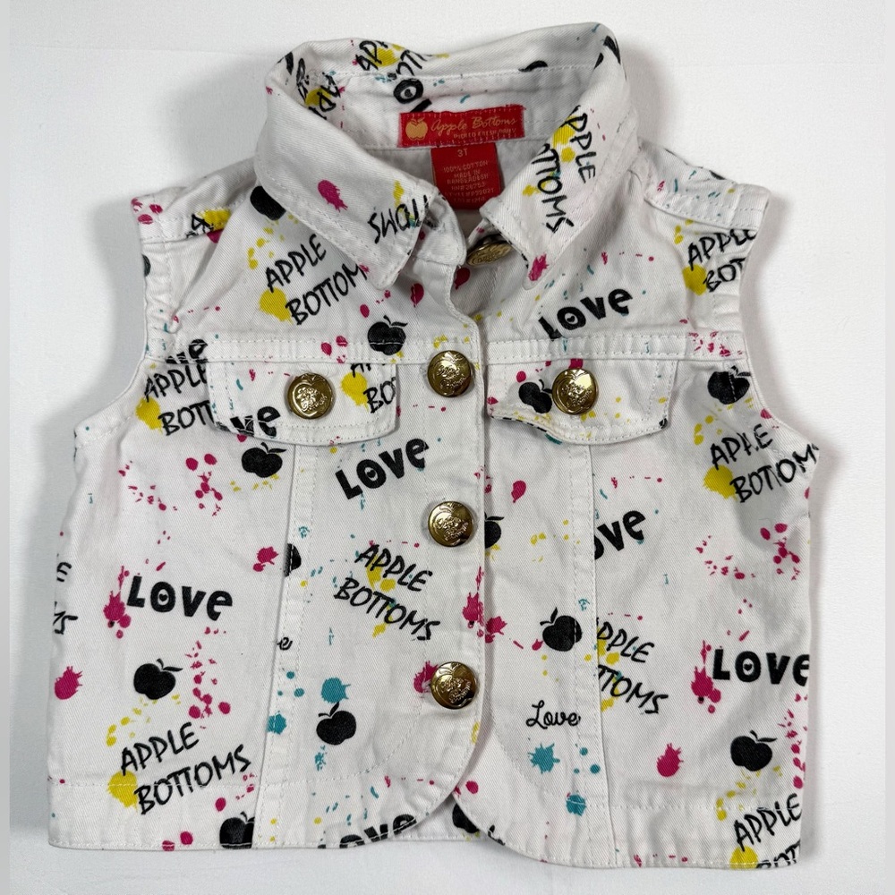 APPLE BOTTOMS Y2K Toddler‎ Girls’ White Colorful Spray Paint Print Denim Vest 3T